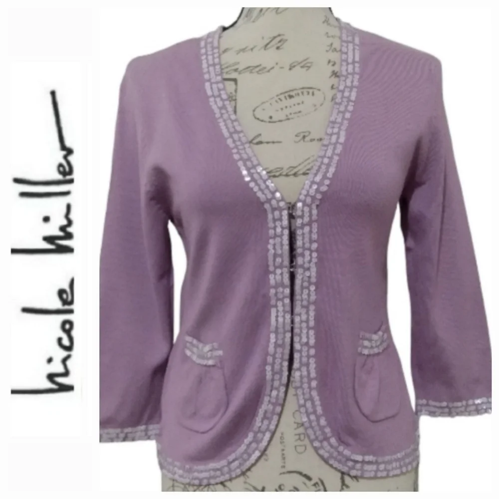 Nicole Miller  Lilac Cardigan with Front Pockets and Adorned with Sequins